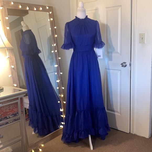 MAC DUGGALRuffled High Neck Flutter Sleeve High Low Hem Gown